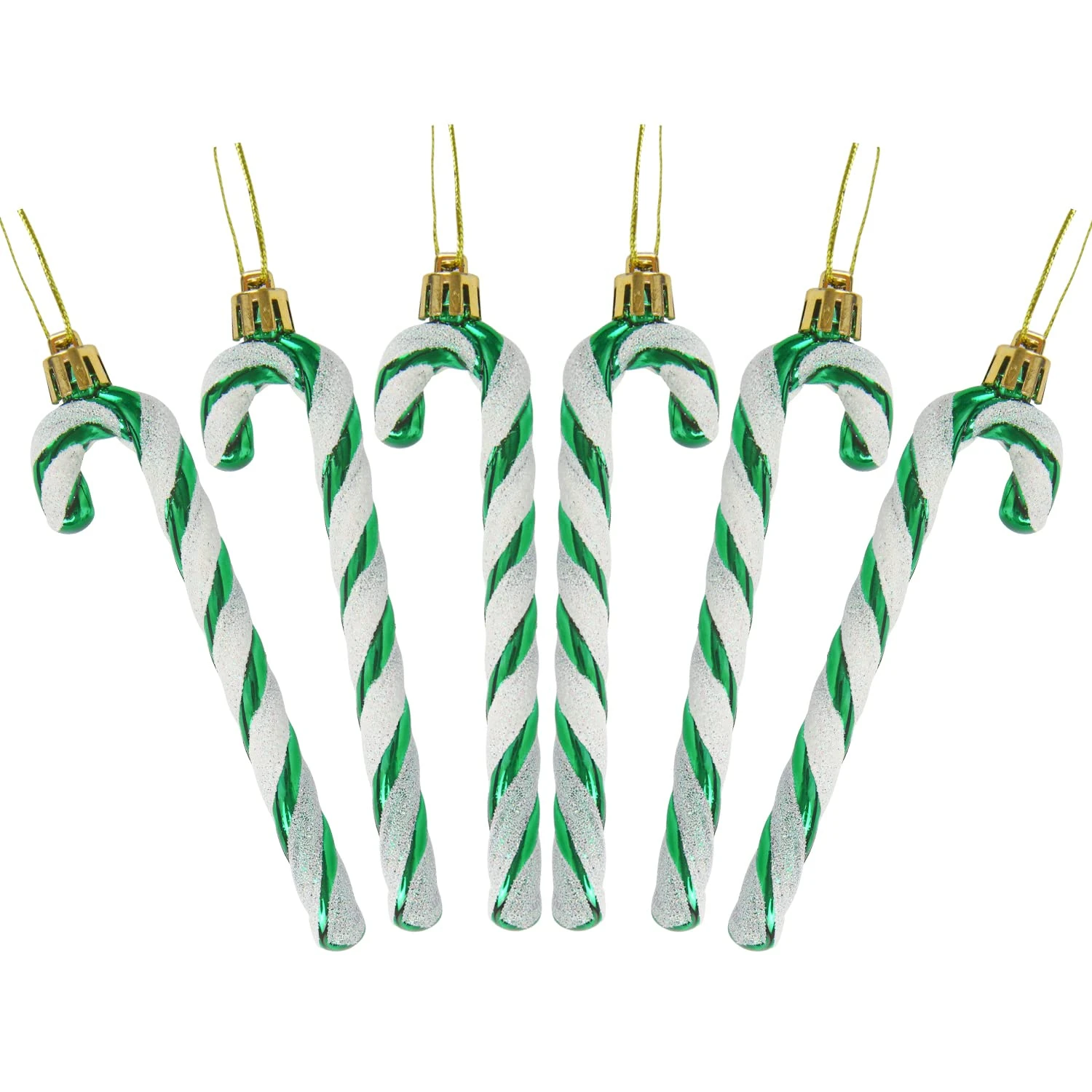 DERAYEE 6 PCS Christmas Glitter Candy Cane Plastic Candy Cane Christmas Tree Decorations for Xmas New Year Party Supplies (Green&White)