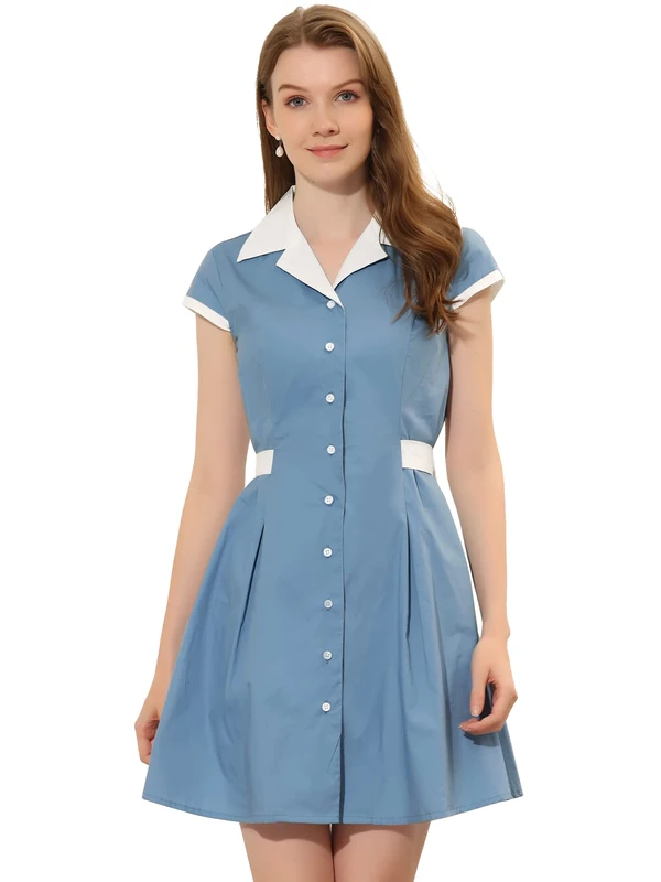 Allegra K Women's Vintage Button Down Dress Flat Collar Belted Office Mini Shirt Dress, Grey Blue, M - Image 1