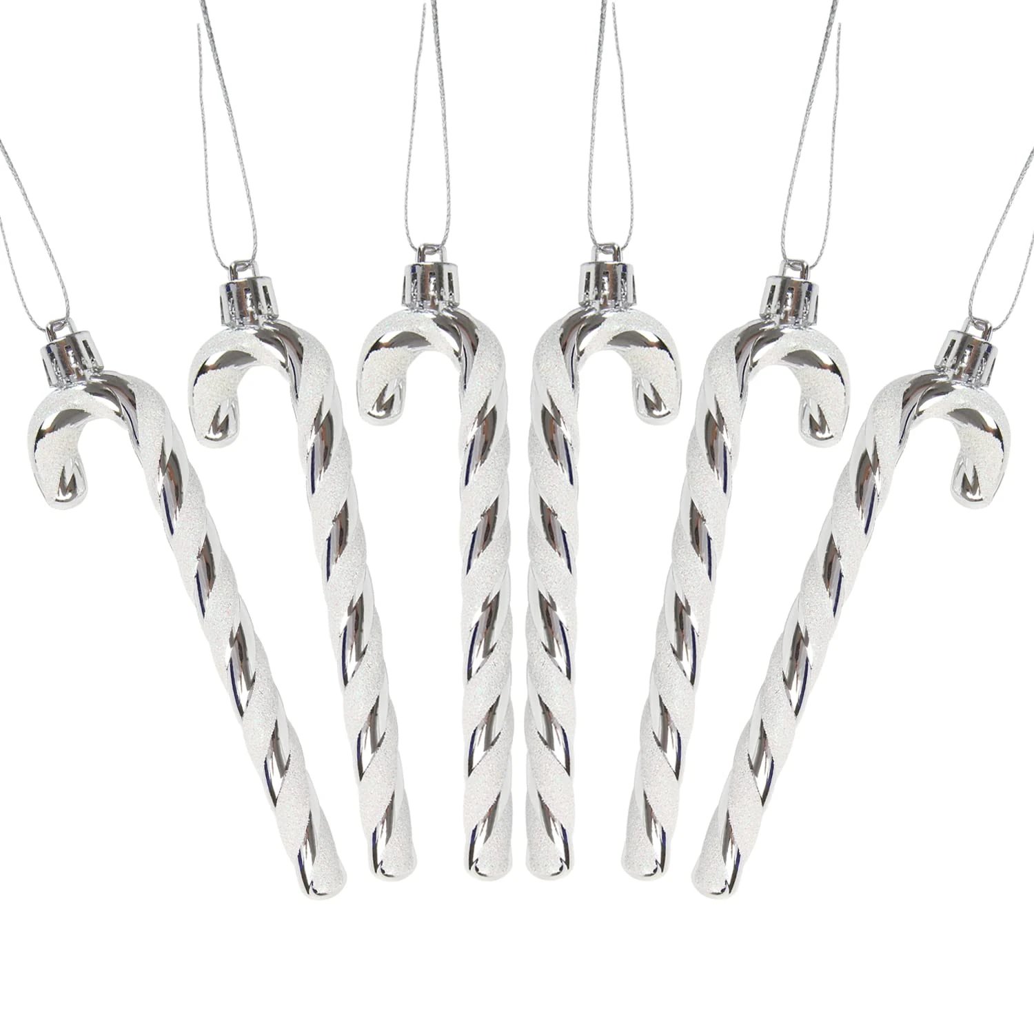 DERAYEE 6 PCS Christmas Glitter Candy Cane Plastic Candy Cane Christmas Tree Decorations for Xmas New Year Party Supplies (Sliver&White)