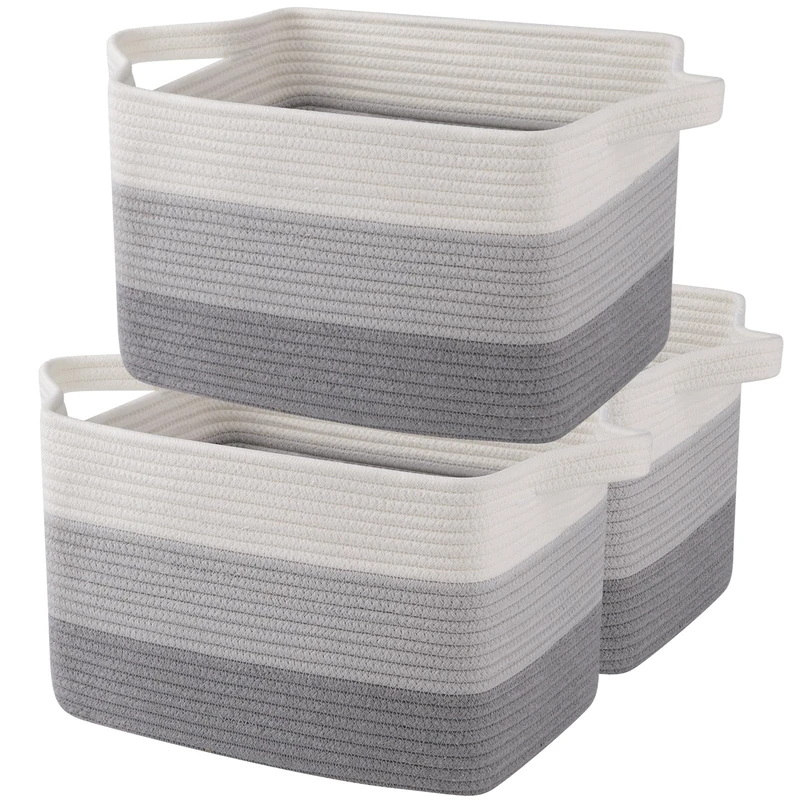 OIAHOMY Storage Basket, Woven Baskets for Storage, Cotton Rope Basket for toys,Towel Baskets for Bathroom - Pack of 3, Gradient Gray