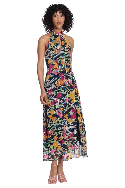 Maggy London Women's Halter Neck Maxi Dress, Navy/Hot Pink, 18 - Image 1
