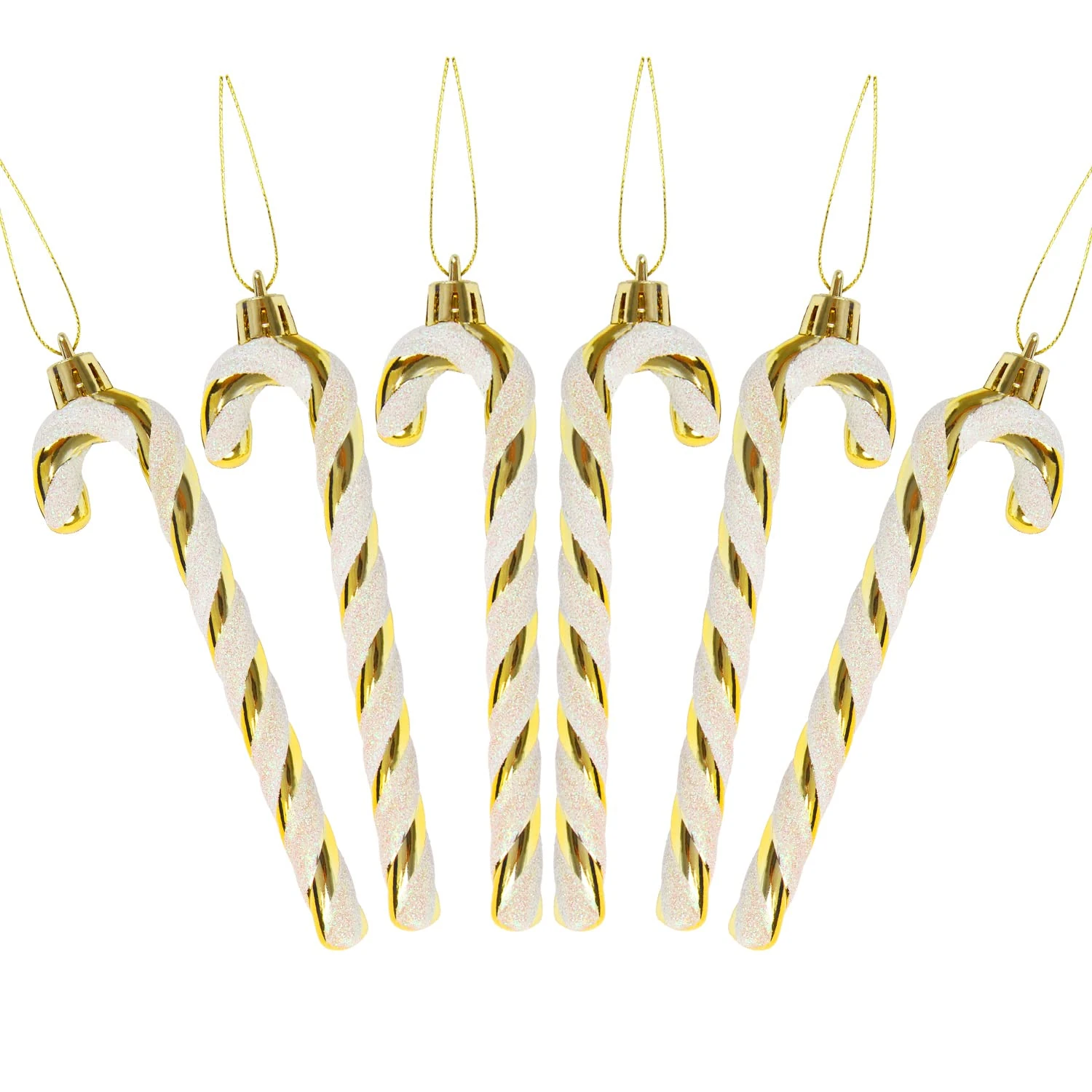 DERAYEE 6 PCS Christmas Glitter Candy Cane Plastic Candy Cane Christmas Tree Decorations for Xmas New Year Party Supplies (Gold&White)