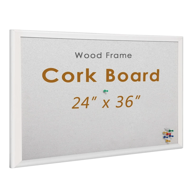 INNOVART White Cork Bulletin Board 36" X 24" with 10 Push Pins, Corkboard with White Wood Frame, White Cork Notice Board Message Board, Framed Pin Board for Home, Office, School