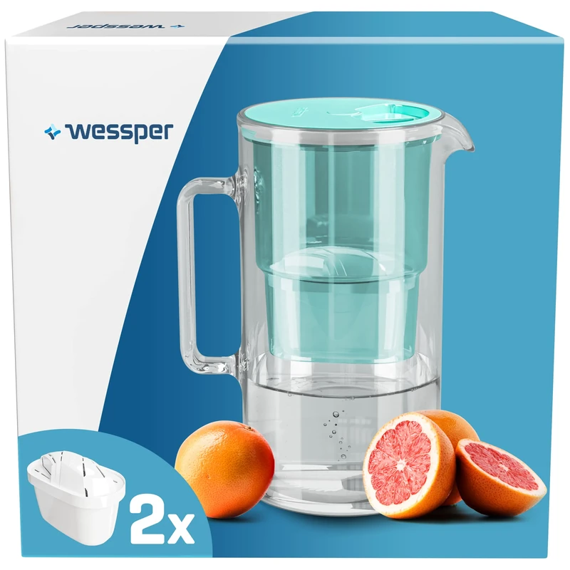 Wessper Water Filter Jug Glass 3 L, Set Water Jug and 2 Filter Cartridges, Compatible with Brita Maxtra, Water Carafe for Drinking Water with Replacement Filter - Mint