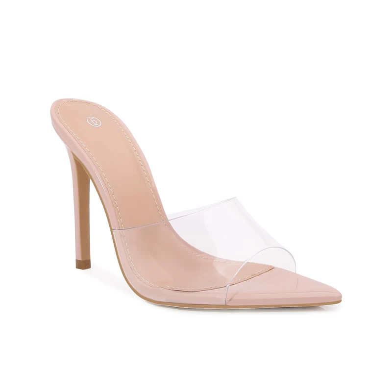 Shion ShaaYii Women Clear Pointed Toe Sandals Stiletto Heels Transparent Strap High Heels Slip on Mules for Women, Nude, 7 UK - Image 1