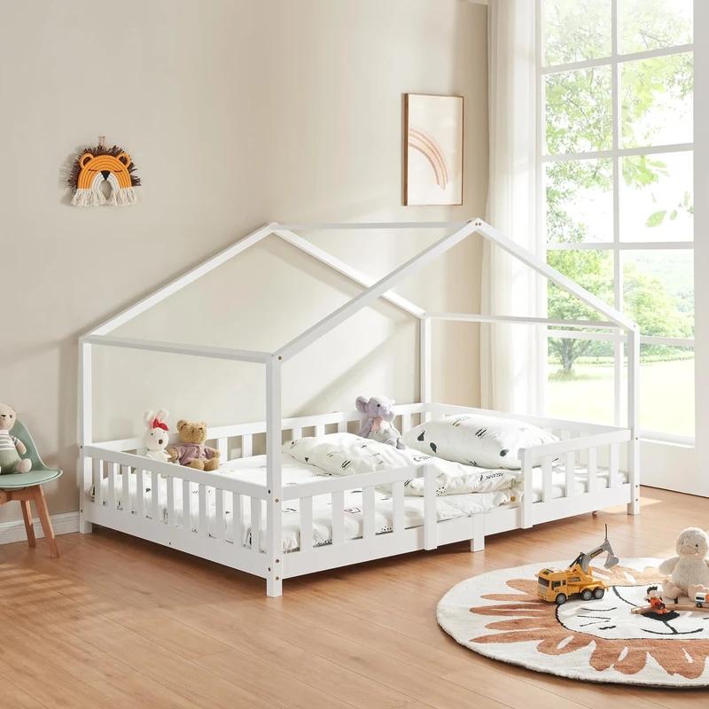 [en.casa] Children's bed Treviolo House bed 140 x 200 cm Wooden bed for children with fall-out protection Bed frame with slatted frame Pine wood White