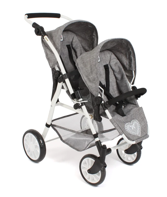 Bayer Chic 2000 - Twinny Doll's Pram, Twin Doll's Pram for Two Dolls, Twin Buggy for Children from 4 to 8 Years, Jeans Grey, 691-76, 63 x 43 x 77 cm