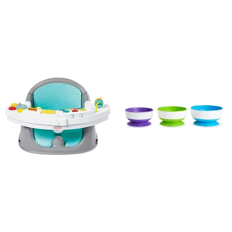 Infantino Music & Lights 3-in-1 Discovery Seat and Booster - Convertible Booster & Munchkin Stay Put Suction Bowls with Strong Suction, Pack of 3
