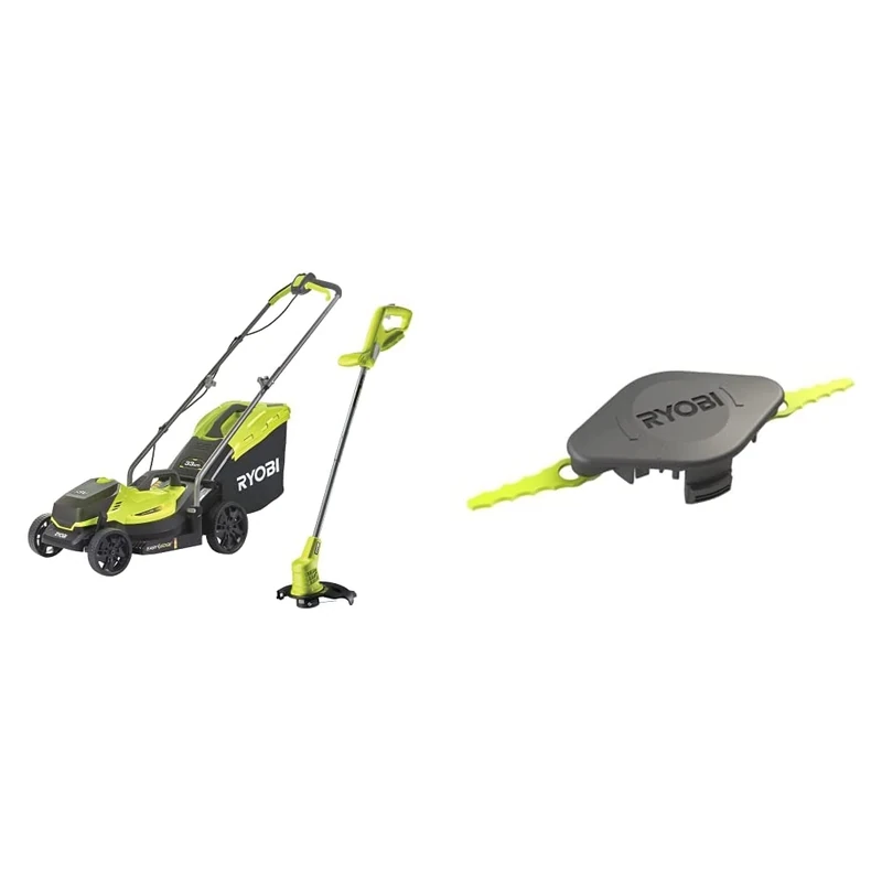 Ryobi 18V ONE+ Cordless Lawnmower and Grass Trimmer Kit (1 x 4.0Ah) & Double Serrated Blades Head for RAC155 Edger Black
