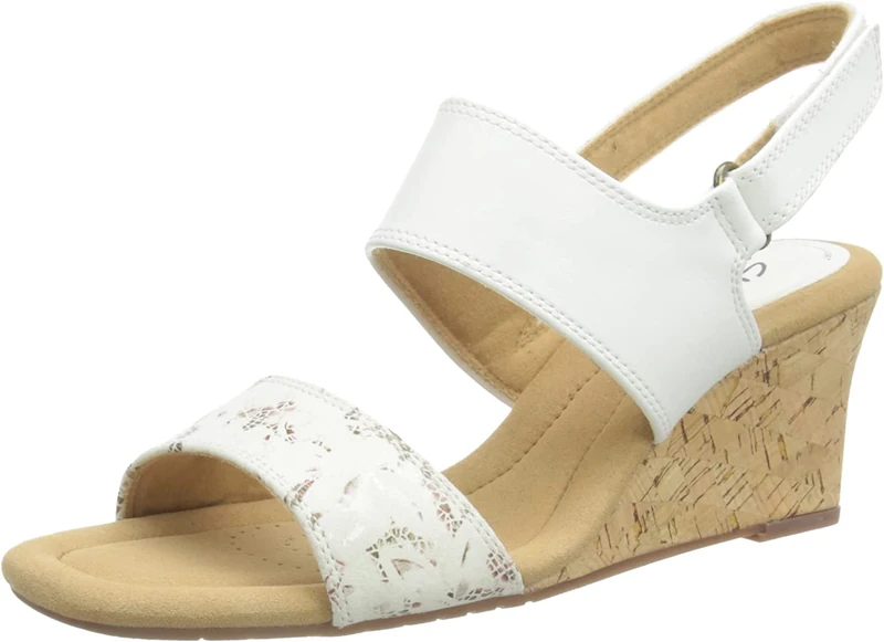 Clarks Women's Kyarra Faye Wedge Sandals, White leather, 7.5 UK