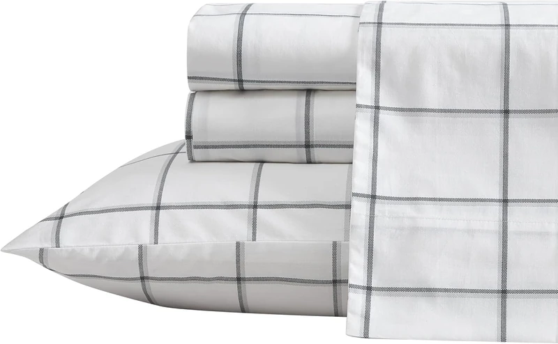 Nautica- Queen Sheet Set, Cotton Percale Bedding Set, Crisp & Cool, Lightweight & Breathable (Plot Black, Queen)