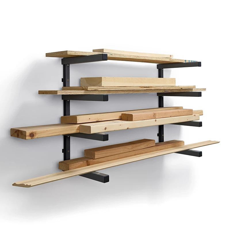 Bora Wood Organizer and Lumber Storage Metal Rack with 4-level Wall Mount - Indoor and Outdoor Use, Black & Gray - PBR-004B