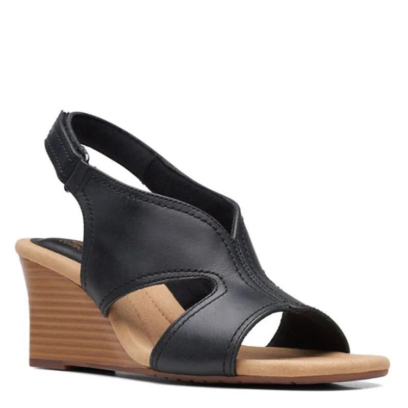 Clarks Women's Kyarra Aster Wedge Sandals, black leather, 39.5 EU