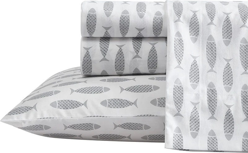 Nautica - Queen Sheets, Cotton Percale Bedding Set, Crisp & Cool, Coastal Home Decor (Woodblock Fish Grey, Queen)