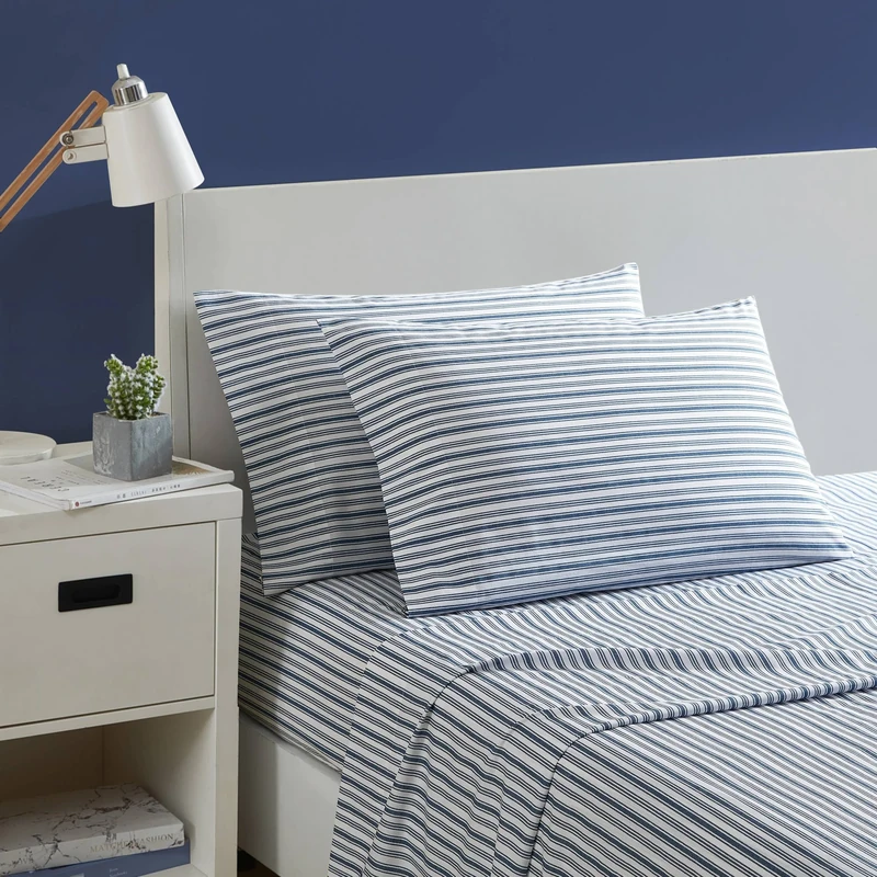 Nautica - King Size Sheets, Cotton Percale Preppy Bedding Set, Crisp & Cool, Lightweight & Breathable (Coleridge Stripe Blue, King)