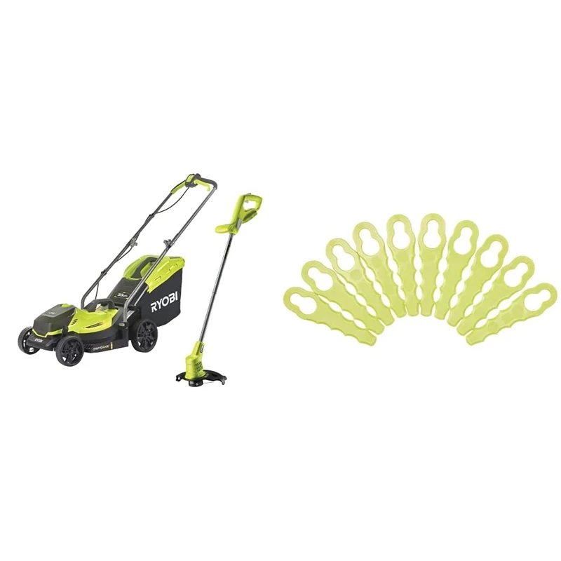 Ryobi 18V ONE+ Cordless Lawnmower and Grass Trimmer Kit (1 x 4.0Ah) & RAC158 Heavy Duty Blade Replacements (10 pack)