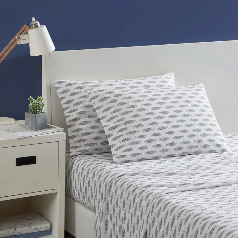 Nautica- Full Sheet Set, Cotton Percale Bedding Set, Crisp & Cool, Lightweight & Breathable (Woodblock Fish Grey, Full)