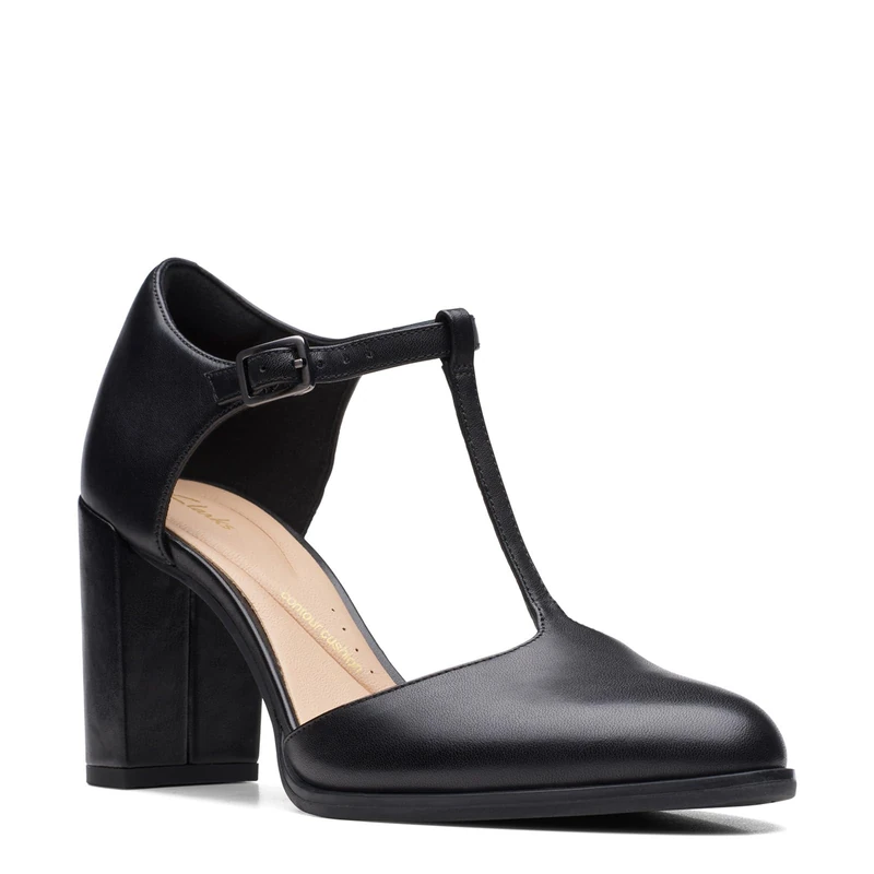 Clarks Womens Freva85 Bar Pump, Black Leather, 6 UK Narrow