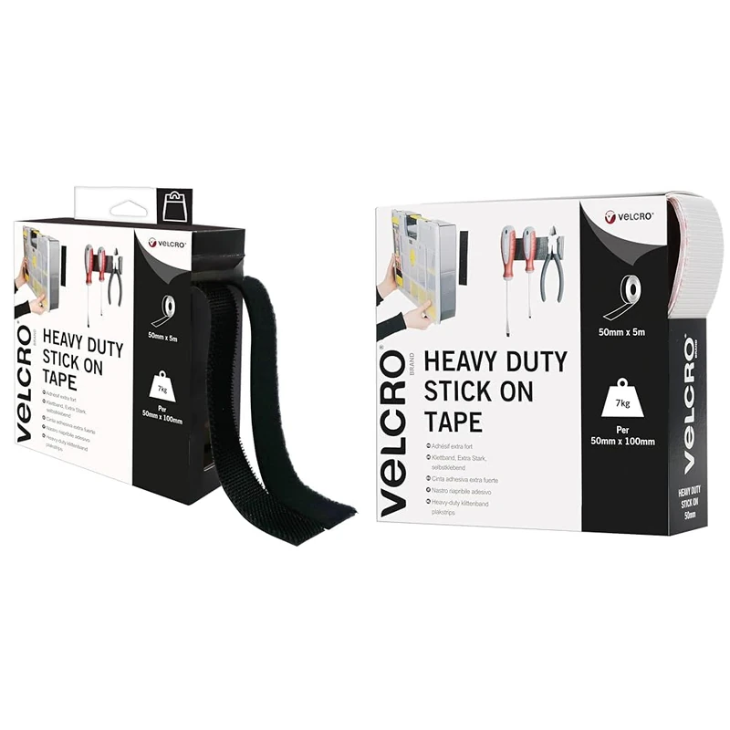 VELCRO Brand Heavy Duty Stick On Black Tape 50mm x 5m & VELCRO Brand Heavy Duty Stick On White Tape, Hook and Loop Tape Self Adhesive Strips Fastener Roll, White, 50mm x 5m