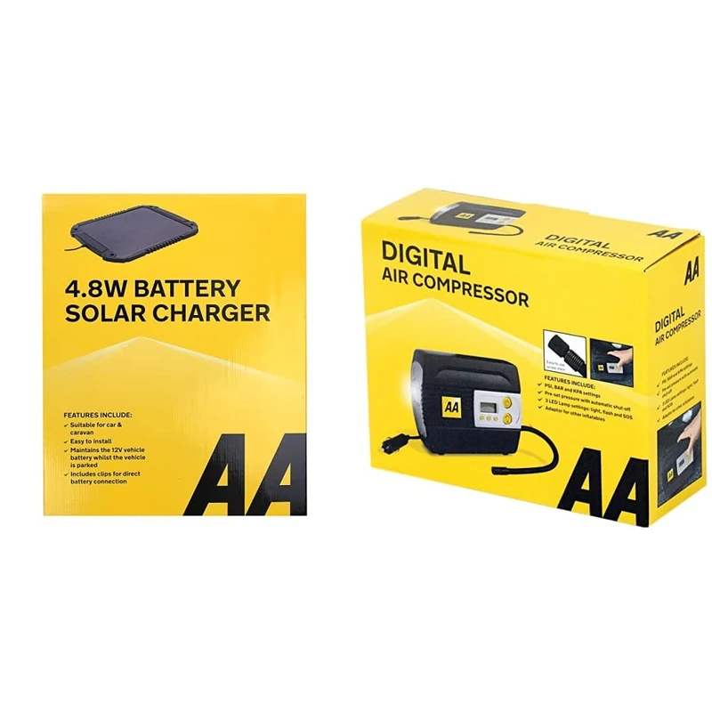 AA 12 V Car Solar Battery Trickle Charger 4.8 W AA1432 & AA 12V Digital Tyre Inflator AA5502 – For Cars Other Vehicles Inflatables Bicycles - Shows PSI BAR KPA 0-120 PSI – Includes Adaptors, Black