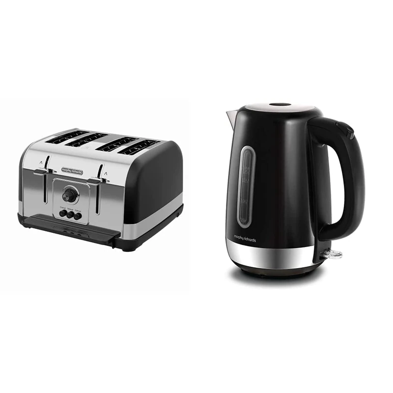 Morphy Richards 240131 Venture 4 Slice Toaster Black & 102783 Black Equip Stainless Steel Jug Kettle, 3000 W, 1.7 Litre, Black