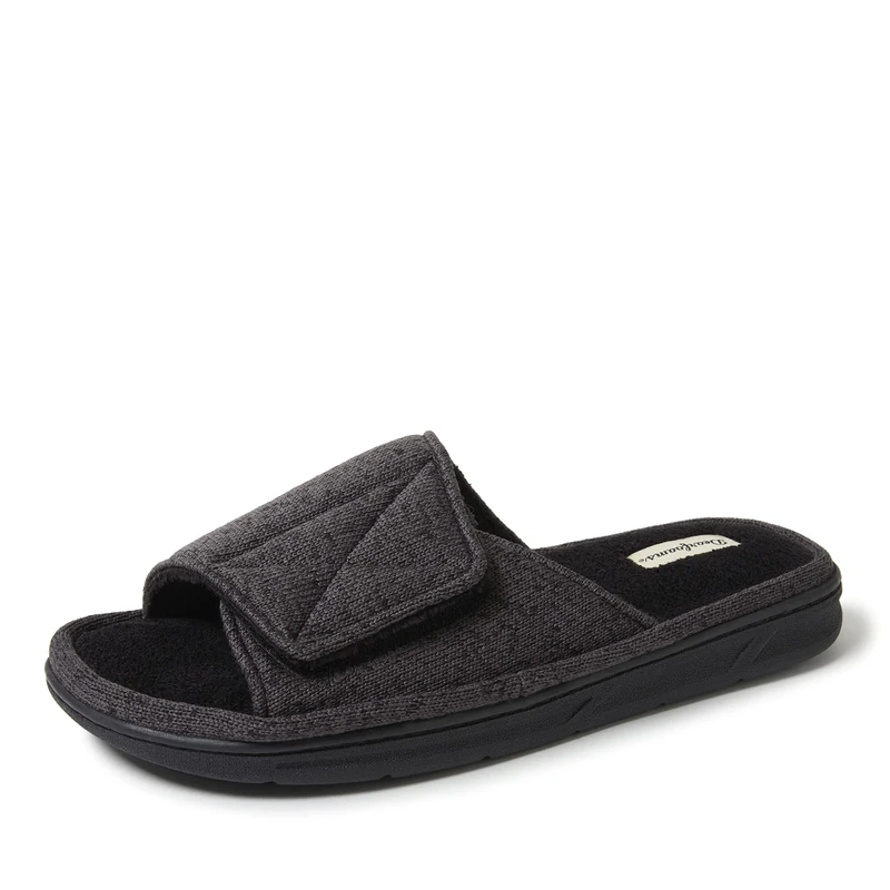 Dearfoams Men's Indoor/Outdoor Adjustable Machine Washable Memory Foam Terry Slide Slipper, Black (Marled Knit), 13-14