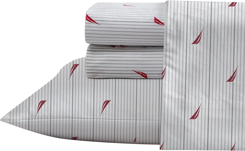 Nautica- Queen Sheet Set, Cotton Percale Bedding Set, Crisp & Cool, Lightweight & Breathable (Audley Stripe Red, Queen)