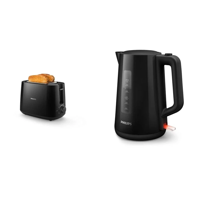 Philips Daily Collection Toaster, 8 Settings, Integrated Bun Warming Rack, Compact Design, HD2581/91 & Philips Electric Kettle, 3000 Series, 1850 W, 1.7 litre Family Size, Black, (HD9318/21)