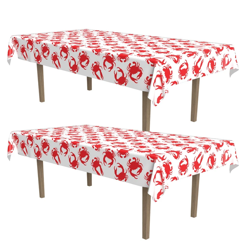 Beistle 2 Piece Plastic Rectangular Crab Tablecovers for Under The Sea Luau Theme Nautical Party Supplies, 54" x 108", White/Red - Image 1
