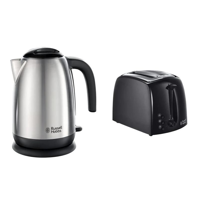 Russell Hobbs 23910 Adventure Brushed Stainless Steel Electric Kettle, Open Handle, 3000 W, 1.7 Litre, Brushed Steel & 21641 Textures 2-Slice Toaster, 700-850 W, Black