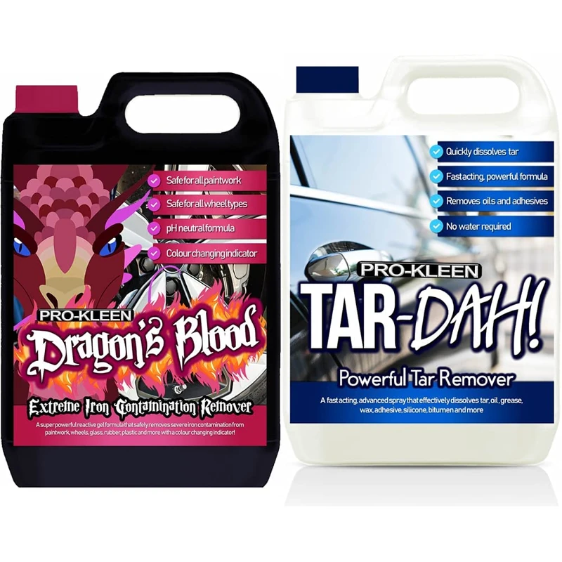 Pro-Kleen 5DB Dragon's Blood Iron Contamination Fallout Remover, pH Neutral, Fast Acting Alloy Rim Cleaner, Safe on All Wheels, Paintwork, Glass and More & Tar-Dah! Tar Remover (5L)
