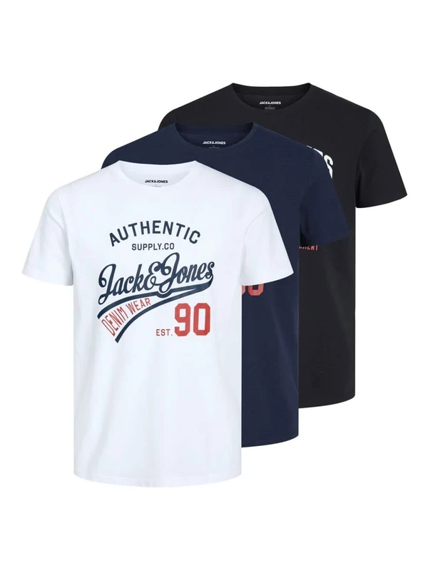 JACK & JONES Mens Ethan 3 Pack T-Shirt Black/White/Navy S