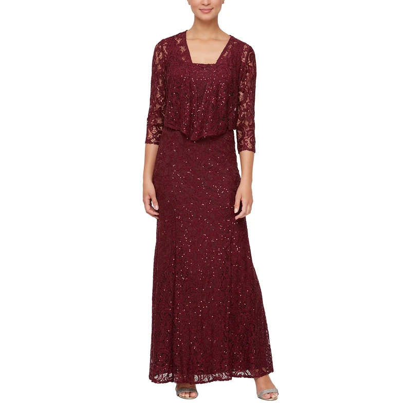 Alex Evenings Women's Long Lace Jacket Special Occasion Dress, Wine, 18 (Pack of 2)