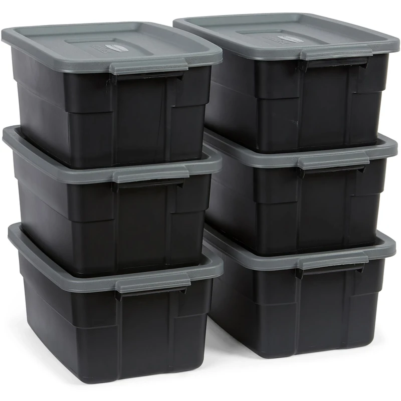 Rubbermaid Roughneck 3 Gallon Storage Totes, Pack of 6, Durable Stackable Storage Containers with Lids, Nestable Plastic Storage Bins for Accessories, Office Supplies, Tool Storage, Black and Grey