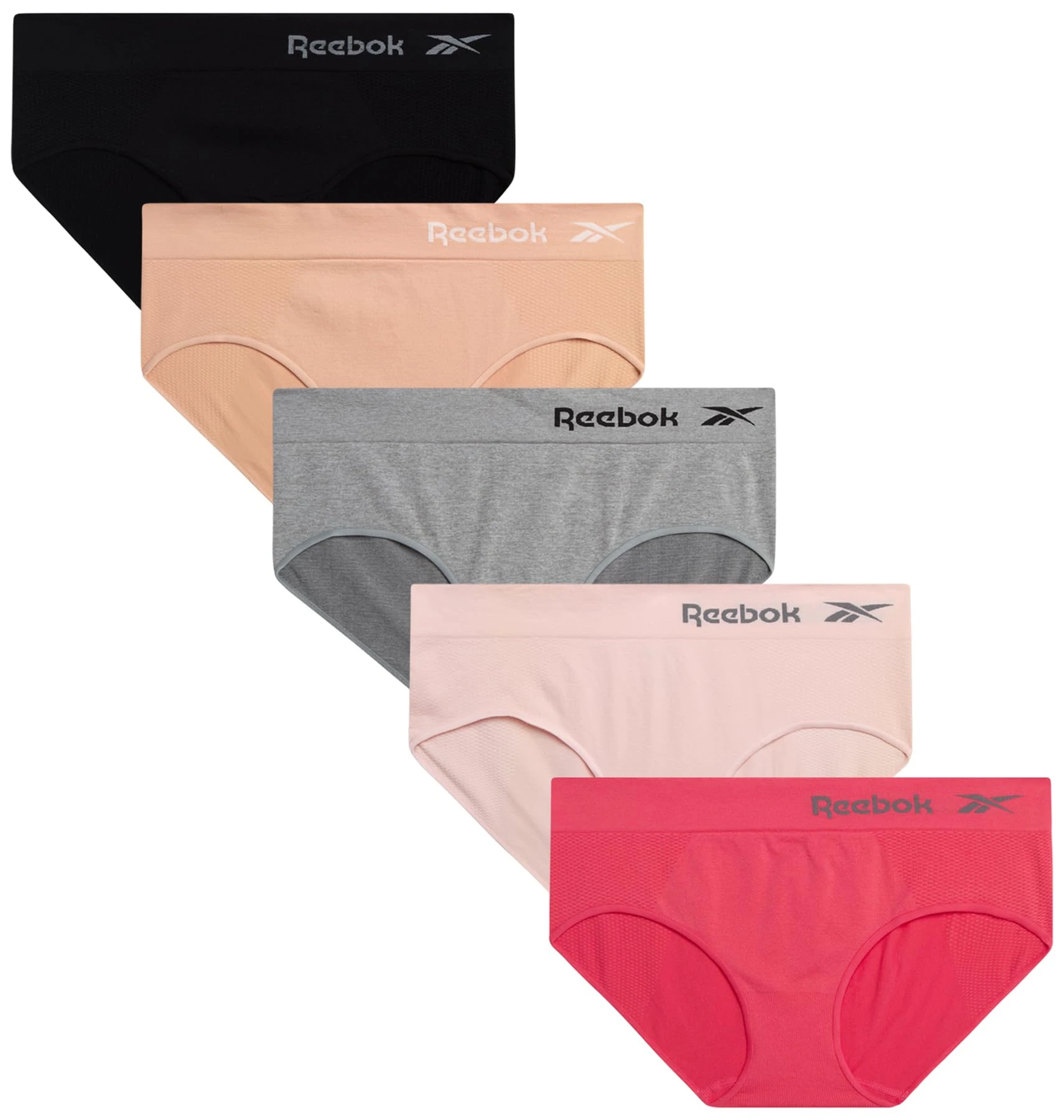 Reebok Women's Underwear - Seamless Hipster Briefs (5 Pack), Size Small, Light Grey/Pink/Black