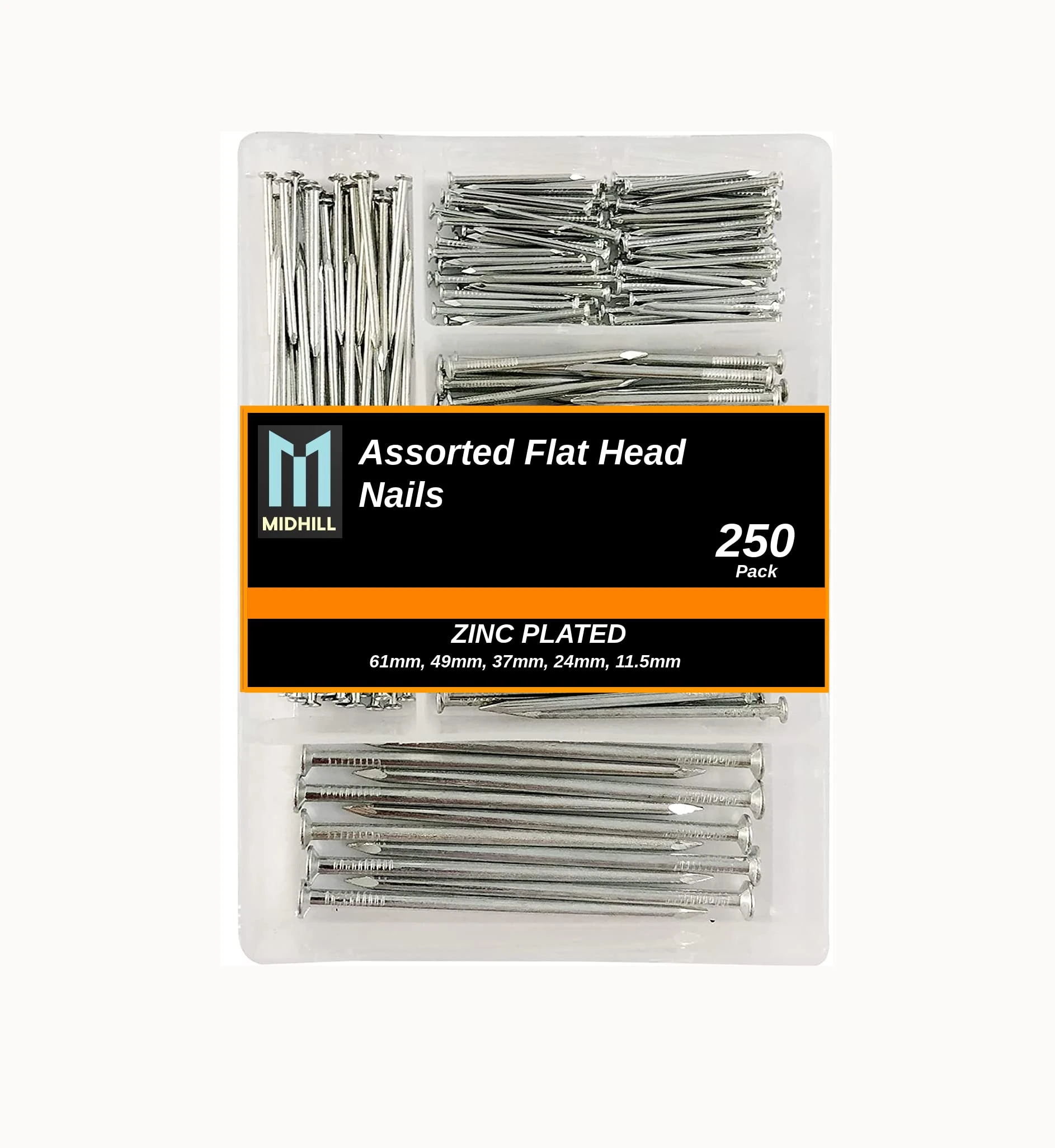 MIDHILL® 250pk Assorted Nails for Wood – Iron Nails for Hanging Pictures | Long, Medium and Small Wall Nails for DIY and Crafts, Home Décor, Woodwork, Furniture and Construction