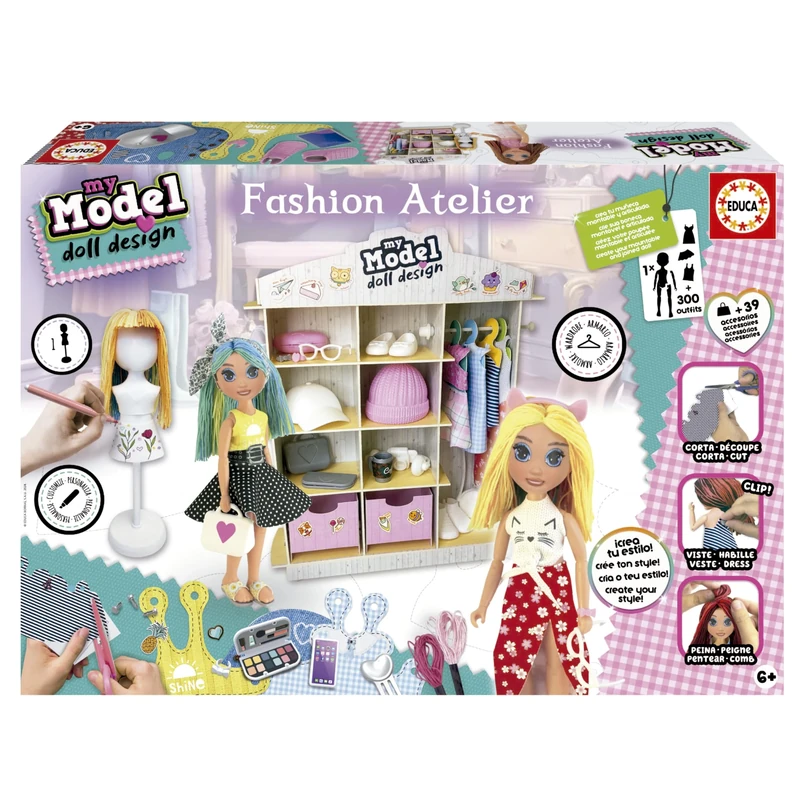 Educa - My Model Doll Design Fashion Atelier Articulated Doll to Create Over 300 Amazing Distinct Looks, Comb It, Cut The Fabric and Dress It Includes Mannequin and Wardrobe (19350)