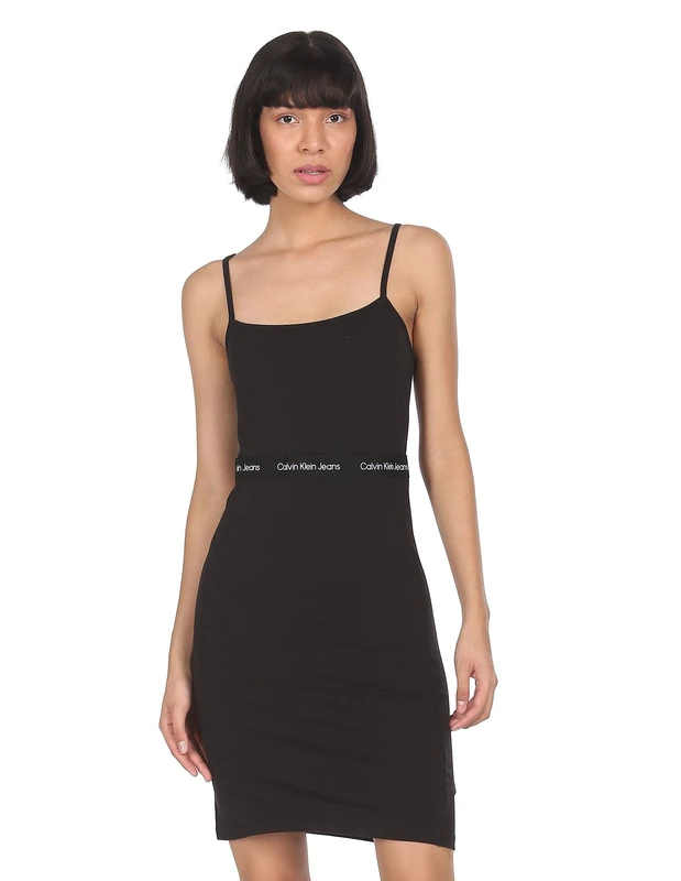 Calvin Klein Women’s Logo Stretch Dress with Thin Straps, Black (Ck Black), XL