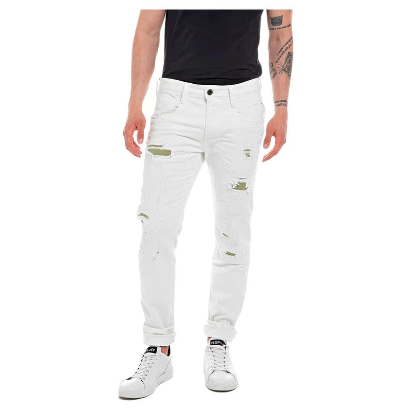 REPLAY Men's M914 Anbass Broken Edge Jeans, Optical White 001, 29W / 30L - Image 1
