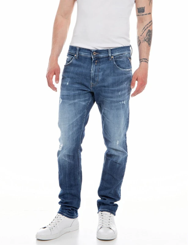 REPLAY Men's Jeans Mickym Slim-Fit Aged with Power Stretch, 009 Medium Blue, 28 W/34 L