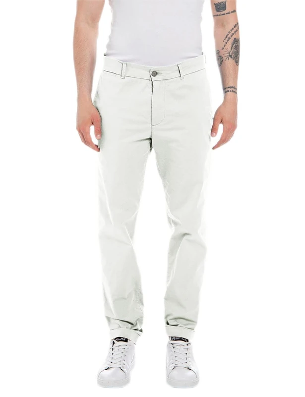 REPLAY Men's M9889 Brad Stretch Gabardine Pants, Optical White 001, 30W / 32L