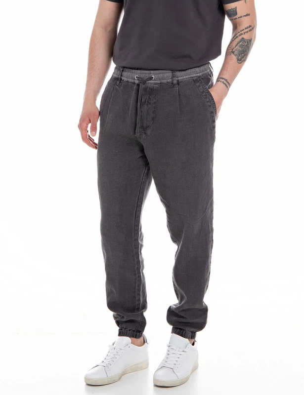 Replay Men's Linen Casual Trousers, Smoke Grey 391 (Grey), 34W