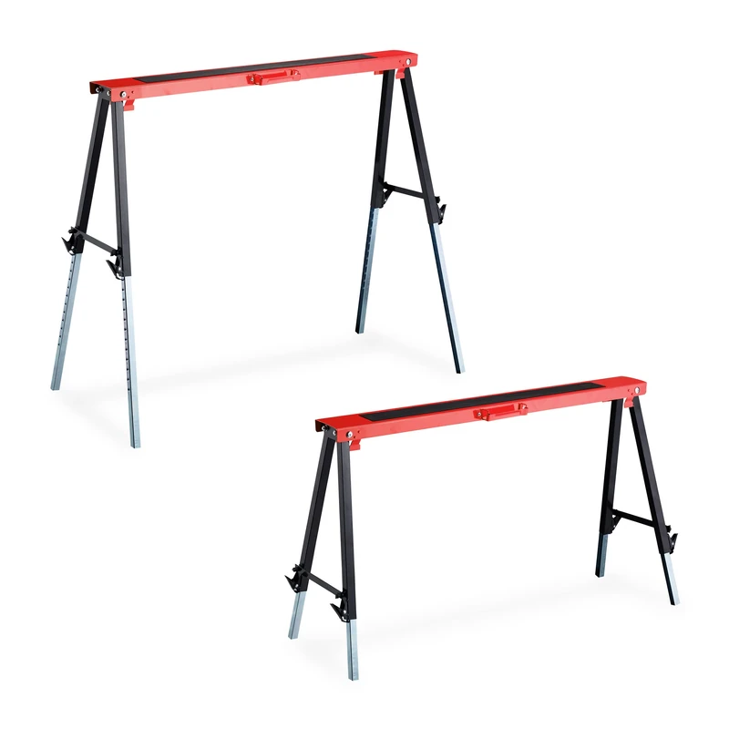 Relaxdays Set of 2 Sawhorses, 12 Height Settings, Max. 150 kg, 91.5 x 106 x 50 cm, Multipurpose Trestles, Steel, Red