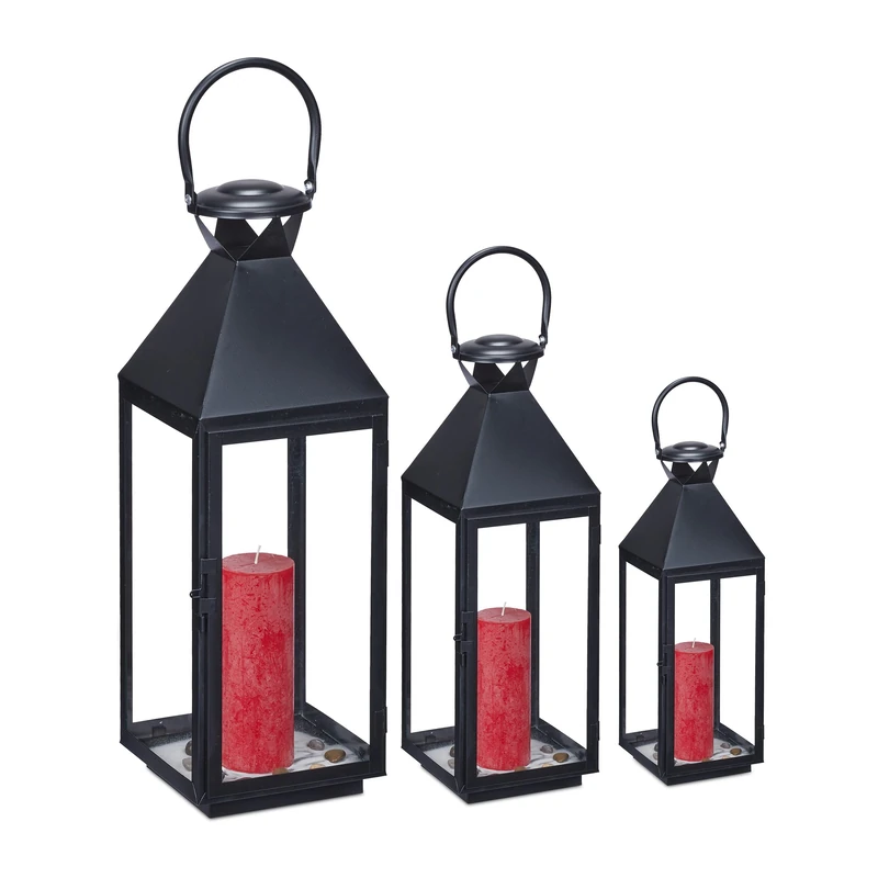 Relaxdays Lanterns Set of 3, Decorative Candle Holders for Outdoors & Indoors, 3 Sizes, Metal and Glass, Black, Iron