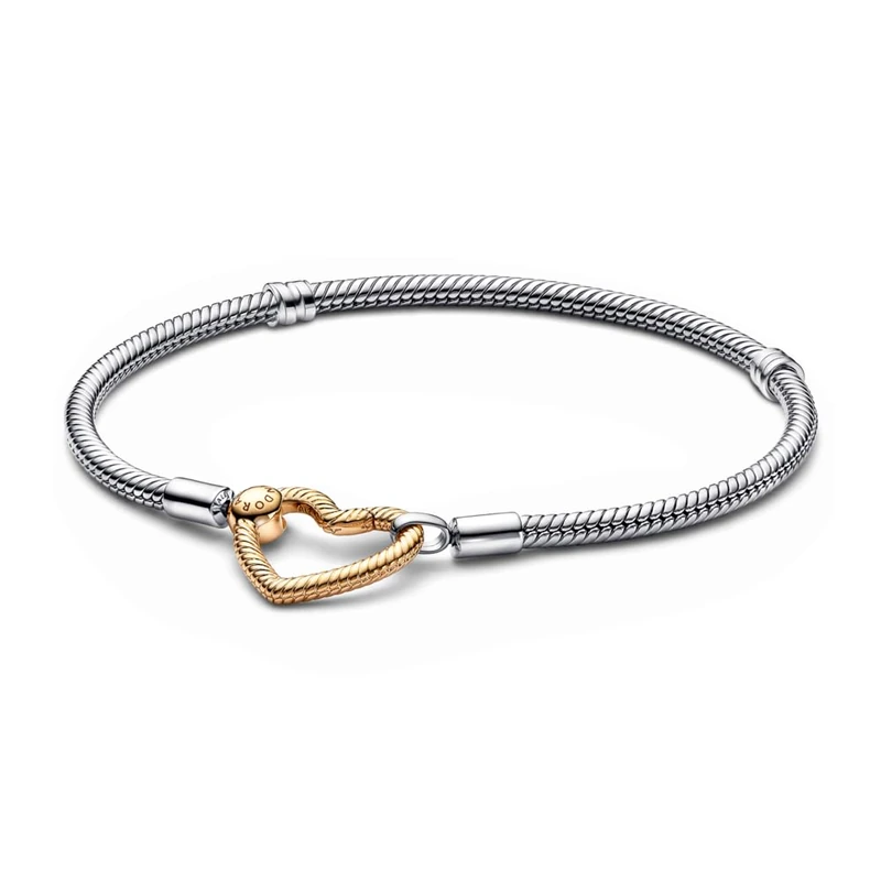 Pandora Moments Snake chain sterling silver bracelet with 14k gold-plated heart clasp, 19