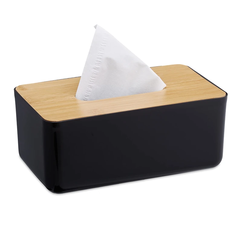 Relaxdays Tissue Box for The Bathroom, Plastic, Wooden Lid, Refillable, 10 x 23 x 13 cm, Dispenser, Wipe Holder, Black