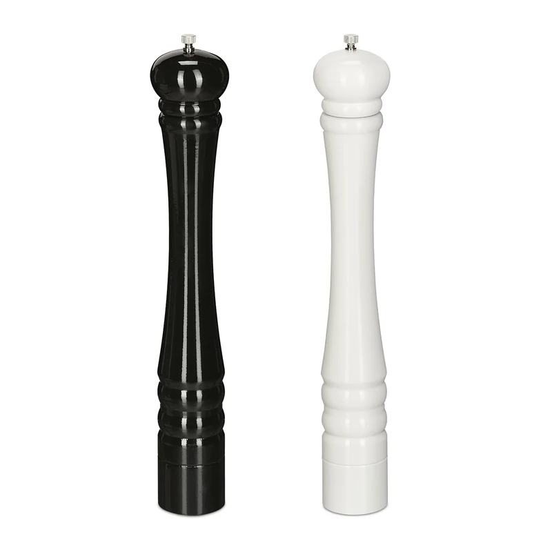 Relaxdays Salt and Pepper Mill, Set of 2, 40 cm, Spice Grinder, Wood, Manual, Ceramic Grinding Mechanism, Black/White