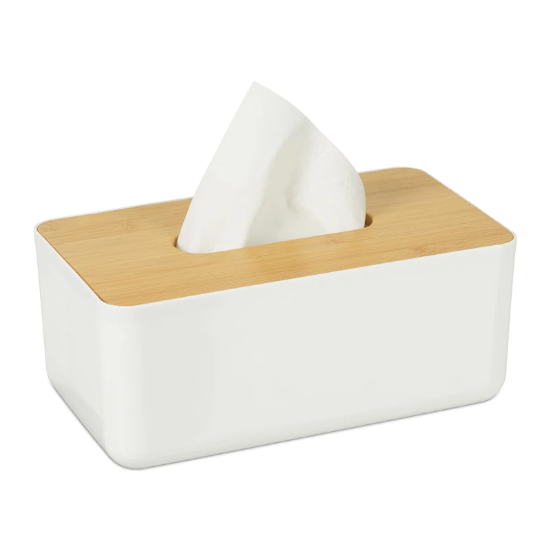 Relaxdays Tissue Box for the Bathroom, Plastic, Wooden Lid, Refillable, 10 x 23 x 13 cm, Dispenser, Wipe Holder, White