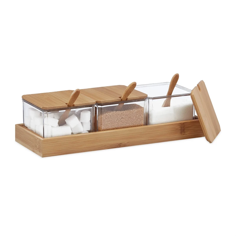 Relaxdays Set of 3 Spice Jars, with Tray, Spoons, Lids, Bamboo & Plastic, Container for Herbs, 11x30x13 cm, Clear/Brown