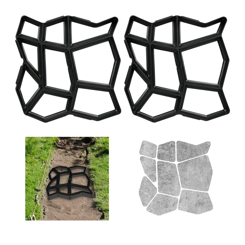 Relaxdays Concrete Mould, 2X Set, Irregular Shape, Cement Cast, Pavement Stone, Patio, Plaster, HxWxD: 4x42x42cm, Black - Image 1